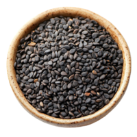 Black sesame seeds arranged in a shallow bowl highlighting their texture and color isolated on transparent background png