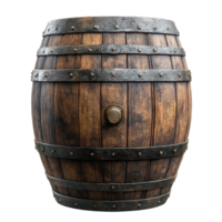 Rustic wooden barrel with metal bands showcasing craftsmanship and durability in a traditional setting isolated on transparent background png