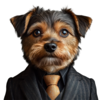 Cute small dog dressed in a formal suit with a tie, posing like a professional during a studio session isolated on transparent background png