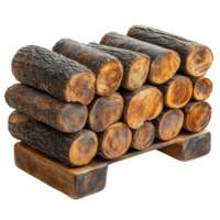 Wooden logs stacked neatly on a sturdy block, showcasing natural textures and earthy tones in a cozy setting isolated on transparent background png