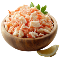 Fresh crab meat served in a wooden bowl with lemon and parsley on a bright background isolated on transparent background png