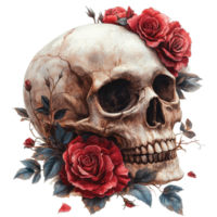 Artistic skull adorned with vibrant red roses and dark foliage, symbolizing life and death in a striking composition isolated on transparent background png