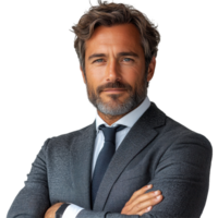 Smartly dressed businessman poses confidently for a professional portrait with a neutral background in a studio setting isolated on transparent background png
