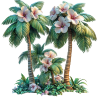 Vibrant tropical scene featuring palm trees and hibiscus flowers in a lush setting during daylight isolated on transparent background png