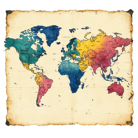 Colorful world map design showcasing continents with vintage style and distressed edges for educational or decorative purposes isolated on transparent background png