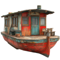 Rustic wooden boat with bright red and turquoise colors moored at a tranquil waterway surrounded by nature isolated on transparent background png