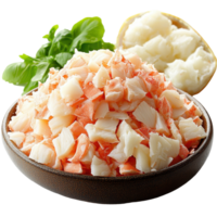 Freshly prepared seafood salad mix featuring chunks of crab meat and fish garnished with green herbs isolated on transparent background png