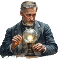 Scientist examines glass globe containing a glowing light bulb in a vintage laboratory setting during the late 19th century isolated on transparent background png