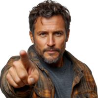 Confident man pointing directly at the viewer, showcasing a serious expression in a casual setting isolated on transparent background png