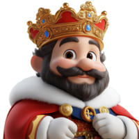 Charming animated king character wearing a detailed crown and royal attire in a vibrant setting isolated on transparent background png