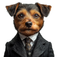 Cute dog dressed in a formal suit with a tie posing for a portrait in a studio isolated on transparent background png