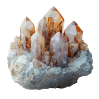 Beautiful cluster of quartz crystals with amber highlights on a natural stone base situated indoors isolated on transparent background png