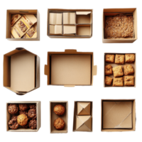 Assorted empty and filled cardboard boxes arranged on a surface showcasing various baked goods and treats isolated on transparent background png