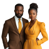 Elegant couple posing in stylish attire with coordinated colors at a professional photo shoot in a sophisticated setting isolated on transparent background png