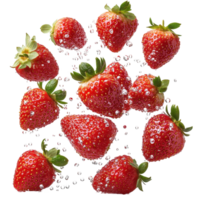 Fresh strawberries splashing in water creating a refreshing summer vibe in a kitchen setting isolated on transparent background png