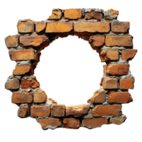 Brick wall segment with a circular hole revealing empty space, showing texture and color variations isolated on transparent background png