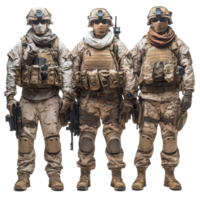 militar personal en táctico engranaje estar juntos en un Desierto ambiente durante un formación ejercicio en el tarde ligero aislado en transparente antecedentes png