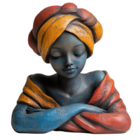 Artistic sculpture of a serene woman with a colorful headwrap and shawl placed on a neutral background isolated on transparent background png