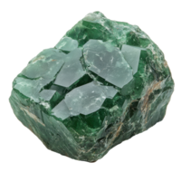Green crystal formation resting on a white surface showcasing vibrant emerald hues and sharp angles isolated on transparent background png