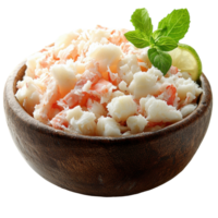 Delicious coconut and seafood dish served in a rustic wooden bowl garnished with fresh mint and lime isolated on transparent background png
