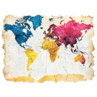 Detailed world map highlighting different regions with vibrant colors and an antique style for educational or decorative use isolated on transparent background png