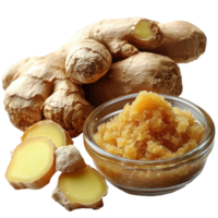 Fresh ginger roots with ginger paste arranged in a bowl on a kitchen counter for culinary preparation isolated on transparent background png