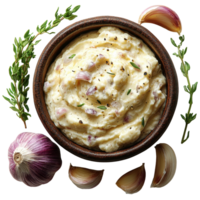 Creamy garlic mashed potatoes with fresh herbs displayed in a rustic bowl isolated on transparent background png