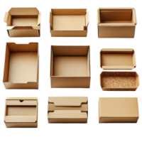 Various types of empty cardboard boxes arranged on a white background for packaging and storage purposes isolated on transparent background png