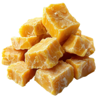 Natural yellow sugar cubes stacked on a white background showcasing their texture and vibrant color isolated on transparent background png