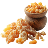 Natural resin of frankincense in a wooden bowl with scattered pieces on a white background for aromatic and medicinal use isolated on transparent background png