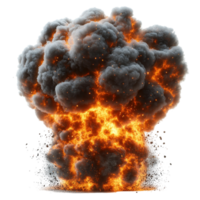 Large explosion with flames and smoke rising in a dramatic display of power and destruction at dusk isolated on transparent background png
