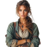 Captivating portrait of a woman in pirate attire with striking features and bold expression isolated on transparent background png