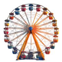 Colorful ferris wheel at an amusement park during a sunny day with empty seats and vibrant lights isolated on transparent background png