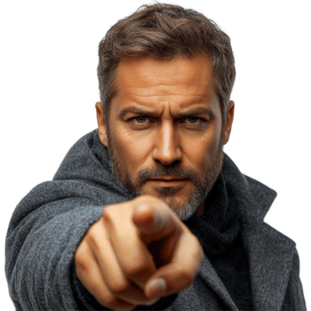 Man in gray coat points confidently while looking directly at the camera in a studio setting isolated on transparent background png