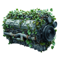 Engine covered in lush green vines in an artistic display of nature reclaiming machinery isolated on transparent background png