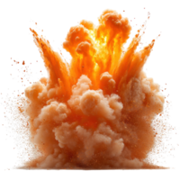 Large explosive detonation creates a dramatic cloud of smoke and fire against a white background isolated on transparent background png