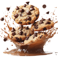 Chocolate chip cookies splashing in rich molten chocolate create a delightful dessert experience isolated on transparent background png