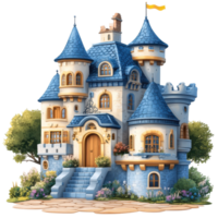 Charming fairy tale castle surrounded by blooming flowers and trees during a sunny day in an idyllic setting isolated on transparent background png
