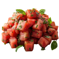 Fresh watermelon cubes garnished with mint leaves create a refreshing summer dish perfect for any gathering or picnic setting isolated on transparent background png