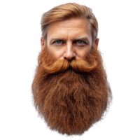 Long red beard and styled mustache create a striking appearance of a man with piercing blue eyes isolated on transparent background png