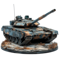 Rusty military tank on a weathered base with realistic details and textures in a model display setting isolated on transparent background png