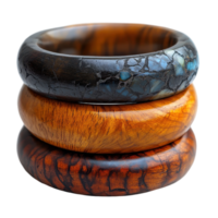 Beautiful handcrafted wooden bangles in a variety of colors and textures stacked together isolated on transparent background png
