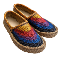 Colorful woven slip-on shoes displayed on a plain surface showcasing their unique design and craftsmanship isolated on transparent background png