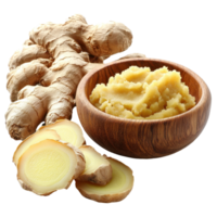 Ginger root with freshly made ginger paste in a wooden bowl on a plain background highlighting its culinary uses isolated on transparent background png