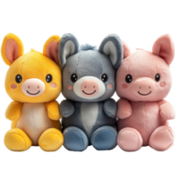 Soft and colorful plush toys in a cheerful arrangement with smiling faces and rounded shapes isolated on transparent background png