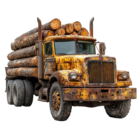 Old rustic logging truck transporting timber through a forested area during daylight hours isolated on transparent background png