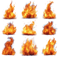 Variety of dynamic fire flames with different shapes and sizes in a grid layout isolated on transparent background png