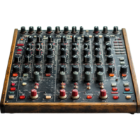 Vintage audio mixer displayed on a wooden surface, showcasing various knobs and switches during a recording session isolated on transparent background png