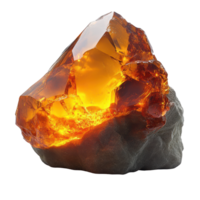 Bright amber crystal sitting on a dark rock against a light background, showcasing its vibrant colors and unique shapes isolated on transparent background png