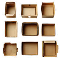 Different shapes and sizes of empty cardboard boxes arranged in a grid layout for packaging and organization purposes isolated on transparent background png